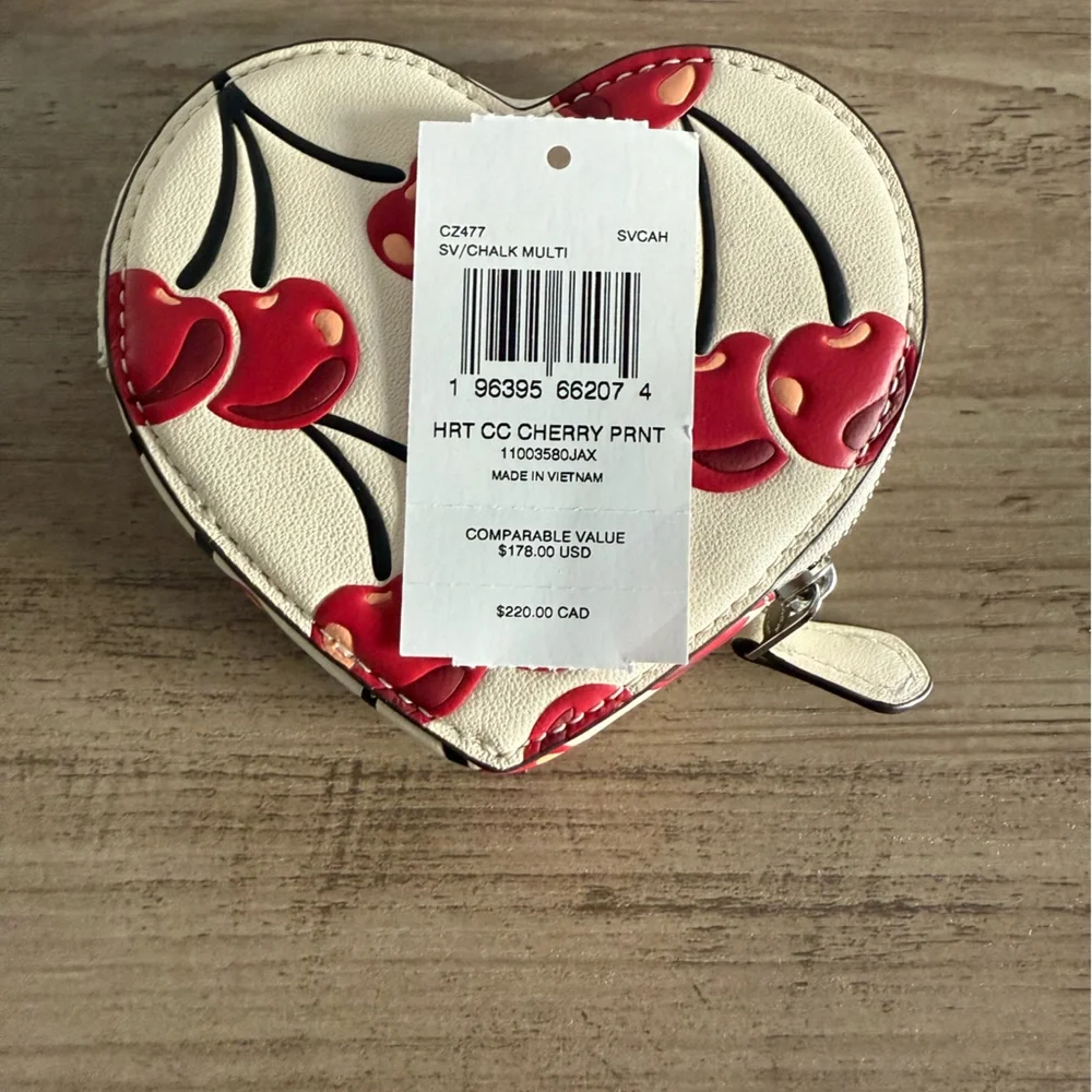 NWT Coach Heart Coin Case With Cherry Print CZ477